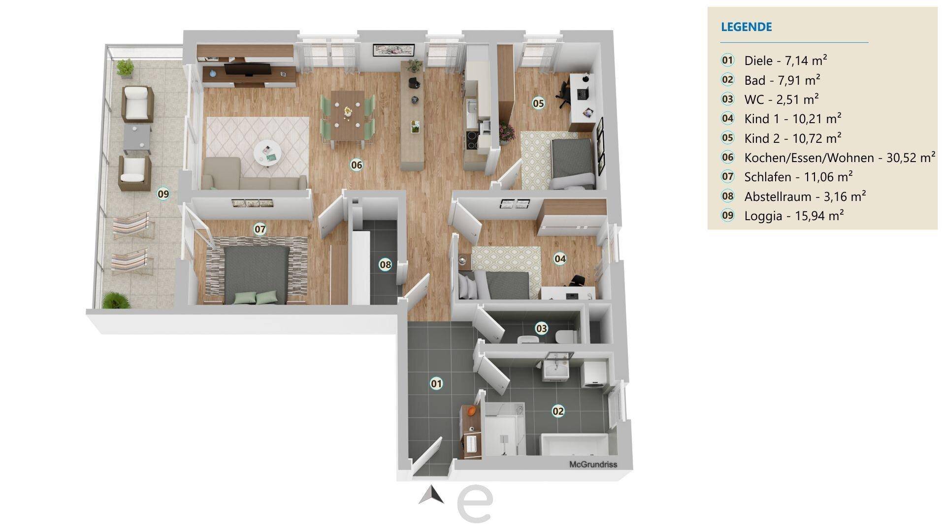Detaillierter Grundriss einer Wohnung mit offener Wohnküche und Loggia.