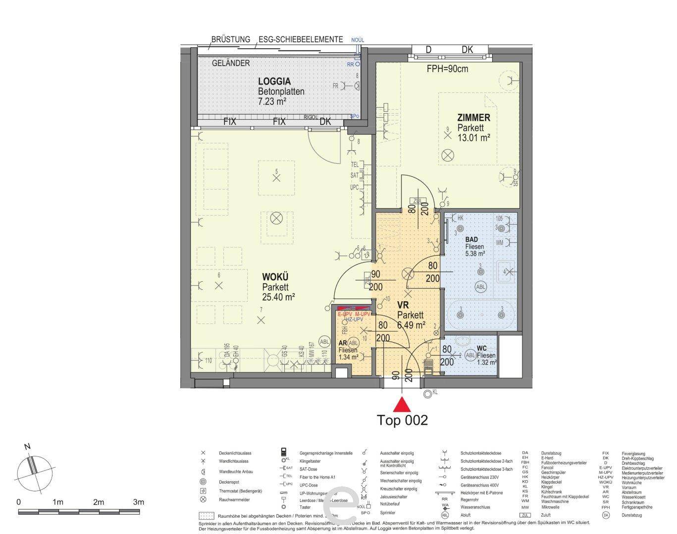 Grundrissplan einer Wohnung mit offenem Wohn- und Küchenbereich, einem Schlafzimmer, Bad, separatem WC und Loggia.