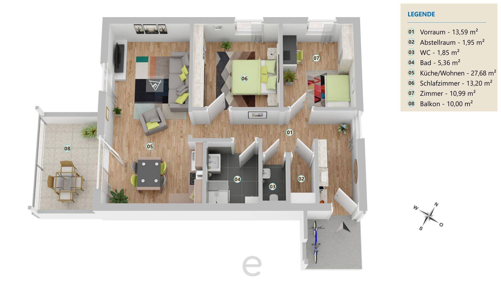 Detaillierter Grundriss einer Wohnung mit drei Zimmern, offenem Wohnbereich und Balkon.