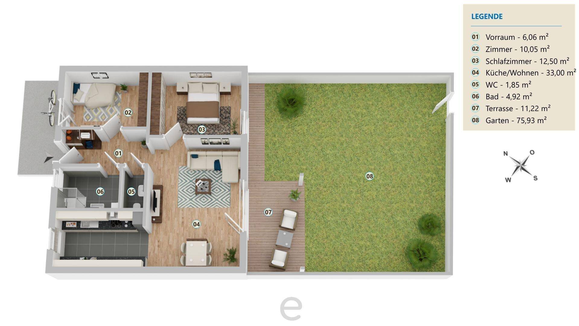 Detaillierter Grundriss einer Wohnung mit drei Zimmern, Terrasse und Gartenbereich.