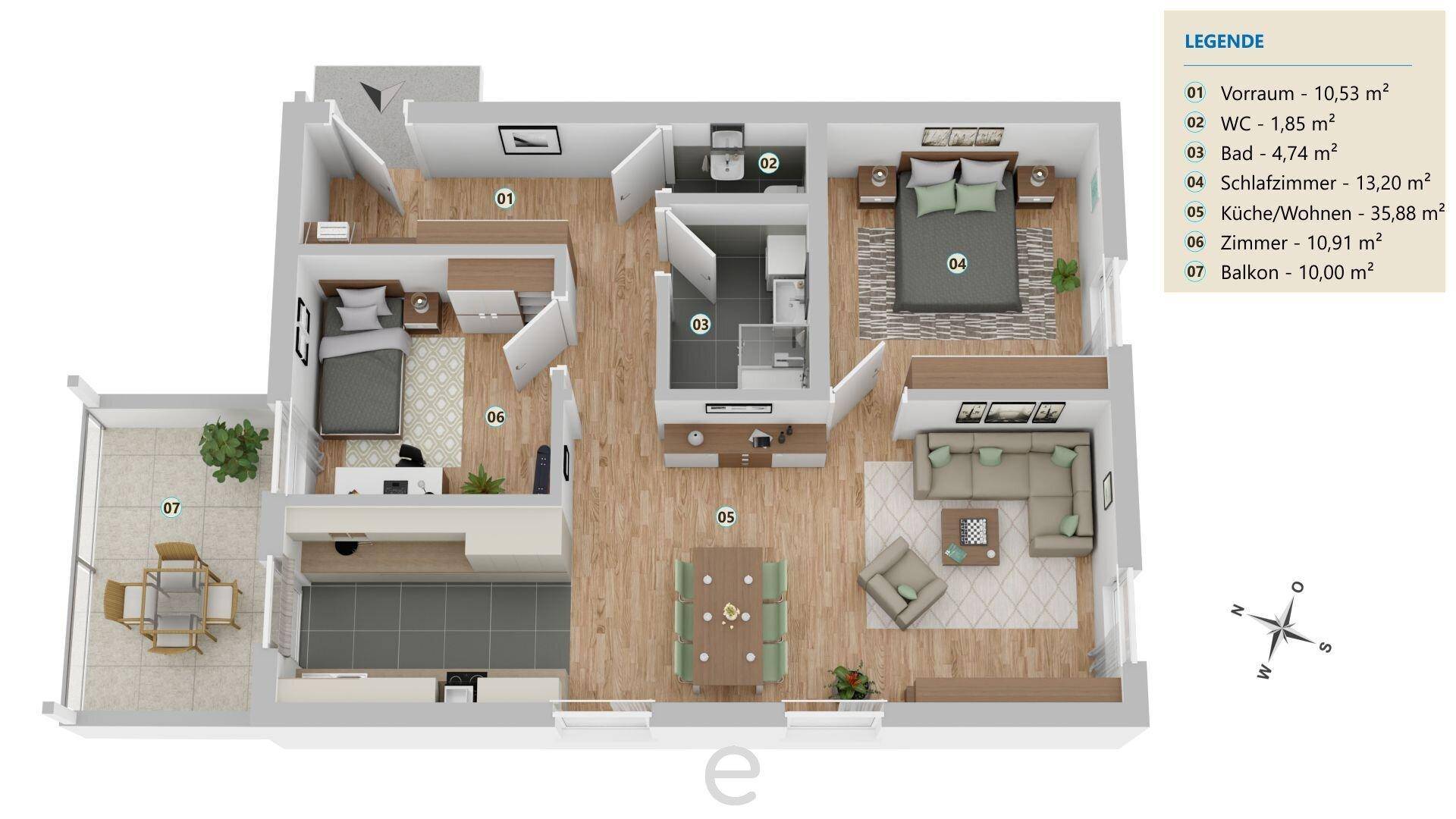 Detaillierter Grundriss einer Wohnung mit offenem Wohnbereich und Balkon.
