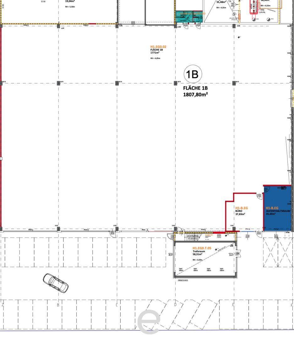 Grundrissplan einer großen Gewerbefläche mit eingezeichneten Parkplätzen und Abmessungen.