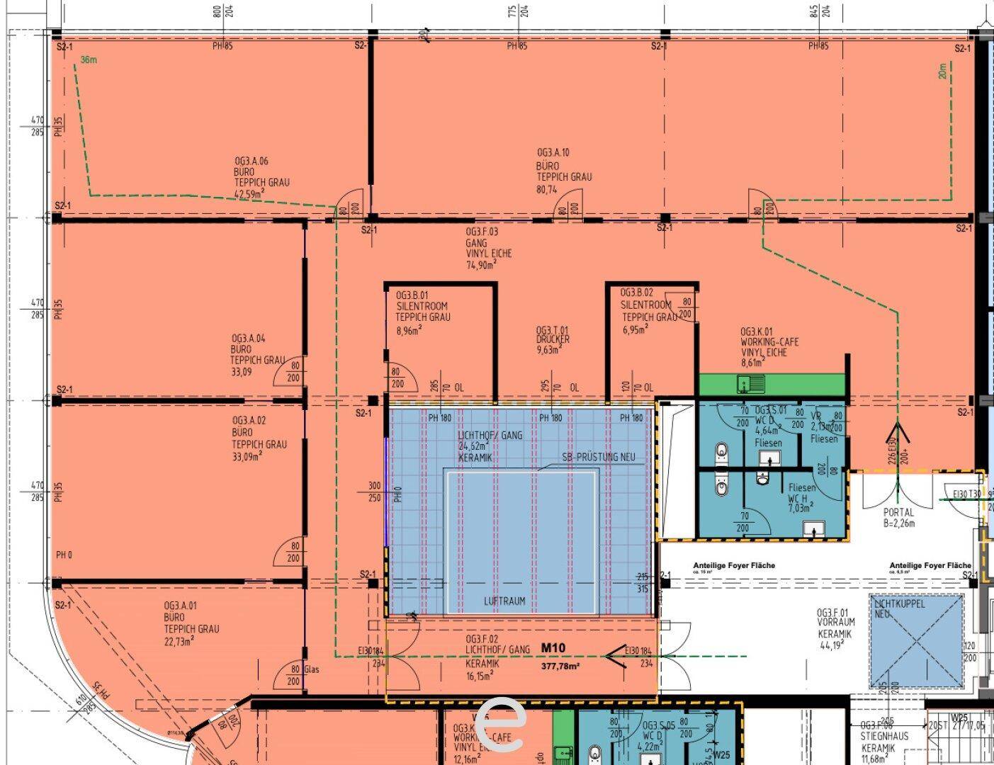 Detaillierter Grundriss mit verschiedenen Büroräumen, Fluren und Sanitärbereichen.