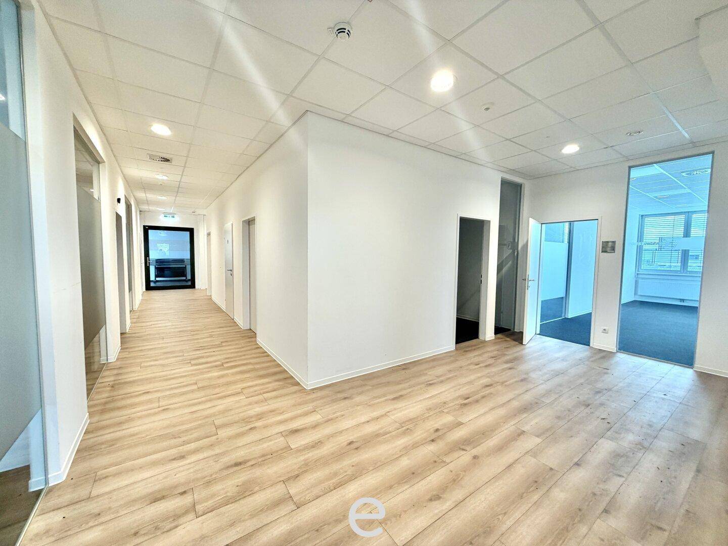 Offener Bürobereich mit Holzboden und Zugang zu weiteren Räumen durch Glastüren.