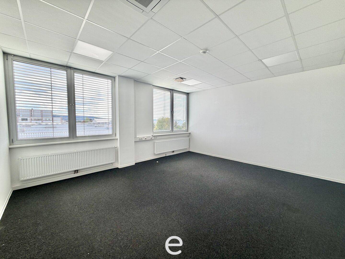 Helles, leeres Büro mit dunklem Teppichboden, weißen Wänden und zwei Fensterfronten, die viel Licht bieten.