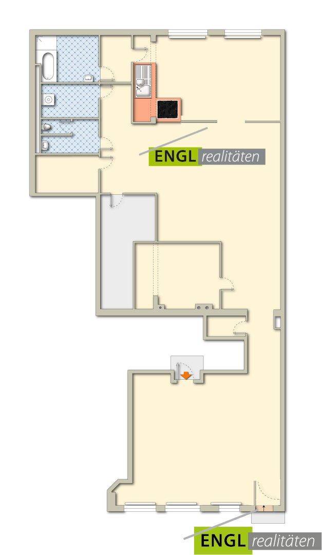 Übersichtlicher Grundriss einer Wohnung mit separaten Räumen, Bad, Küche und Kamin im Wohnbereich.