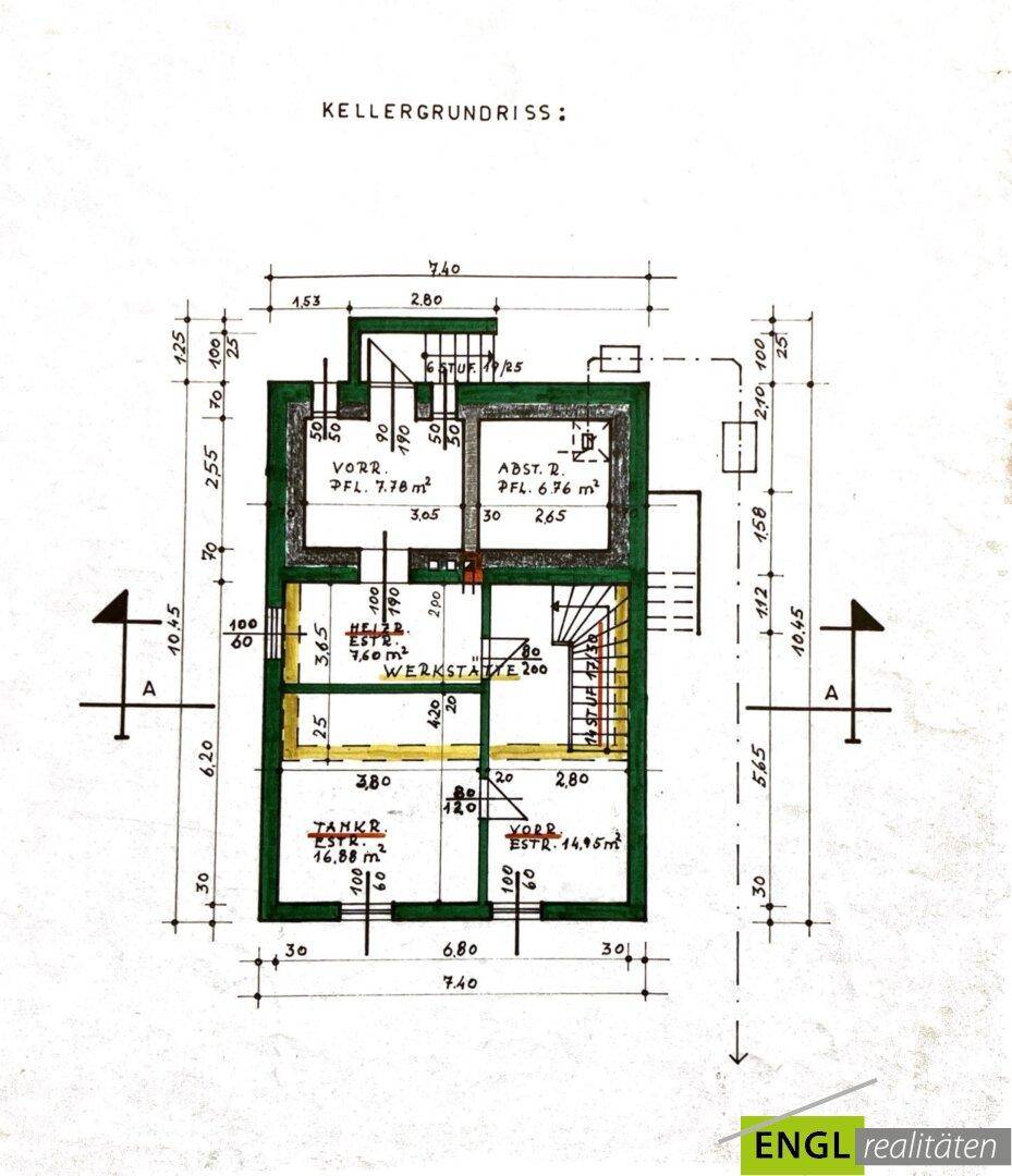 Grundriss des Kellergeschosses mit verschiedenen Abstellräumen, einer Werkstatt und einem Tankraum.