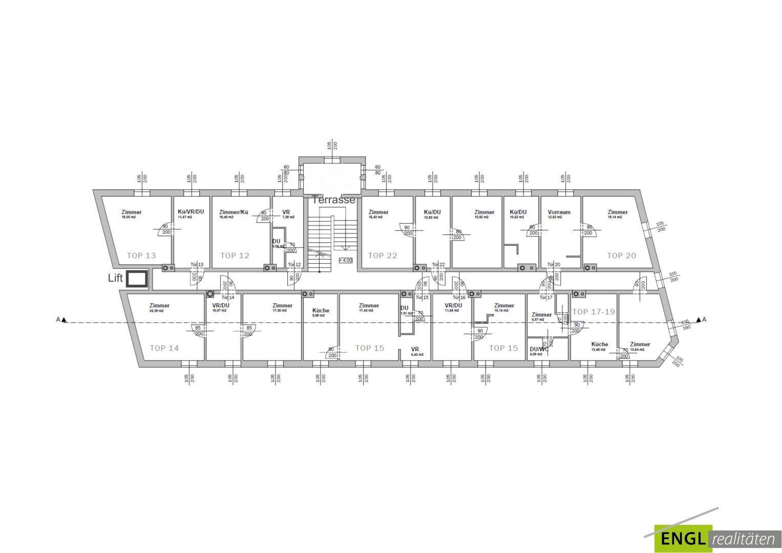 Grundriss eines Obergeschosses mit verschiedenen Wohnungen und Terrasse.