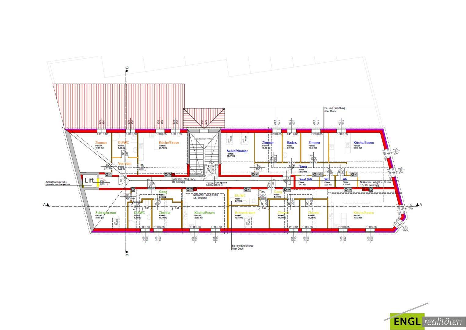 Grundriss des Dachgeschosses mit schrägen Wänden und mehreren Wohneinheiten.