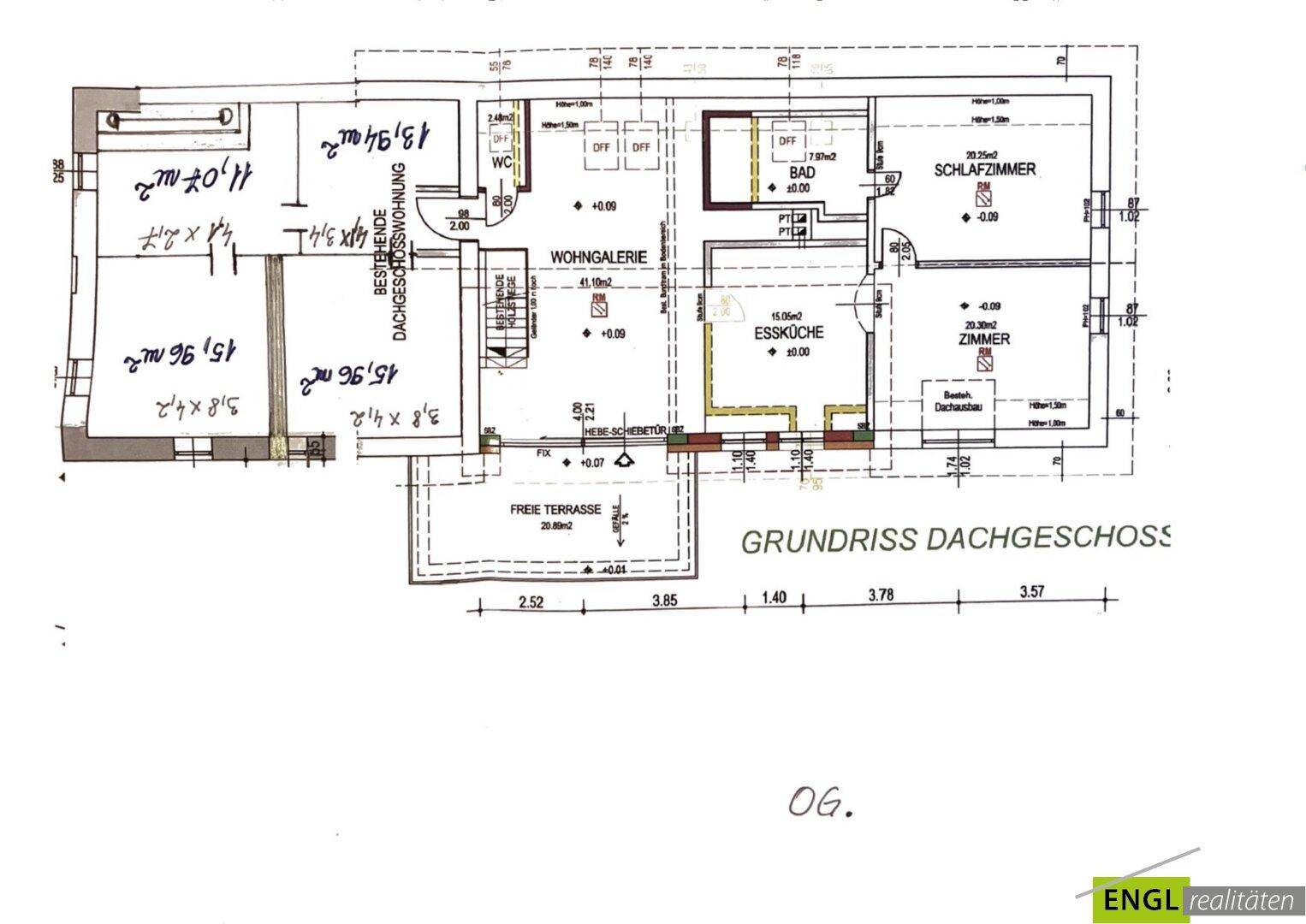 Grundriss des Dachgeschosses mit Schlafzimmern, Essküche und freier Terrasse.