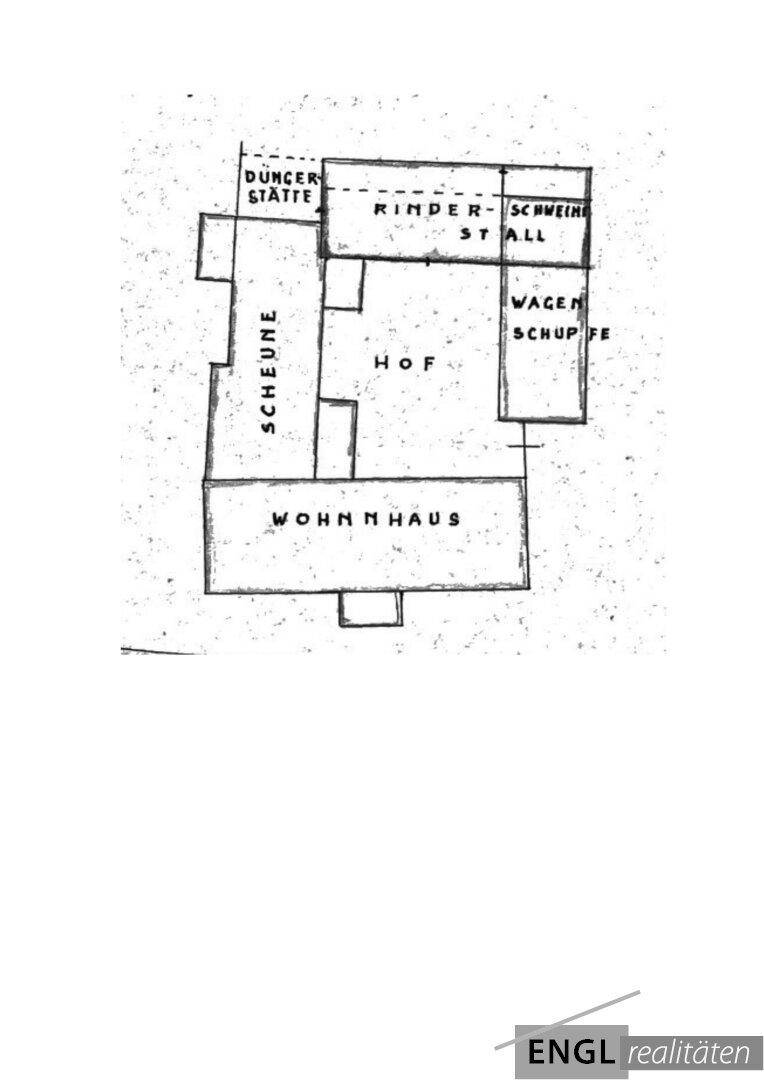 Skizze des Anwesens mit Wohnhaus, Scheune, Hof und Stallungen.