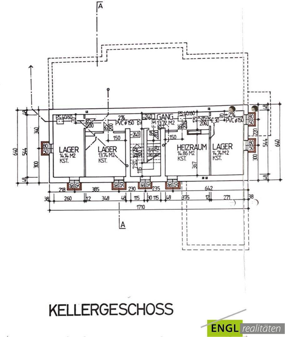 Grundriss des Kellergeschosses mit Lager- und Heizräumen für praktische Nutzung.