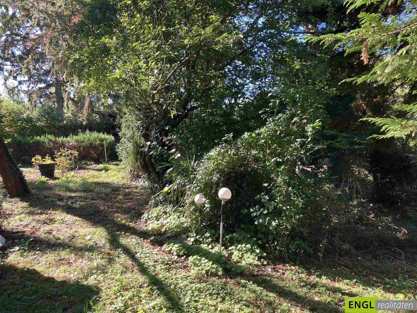 Sonniger Gartenbereich mit üppiger Vegetation und dekorativen Gartenleuchten.