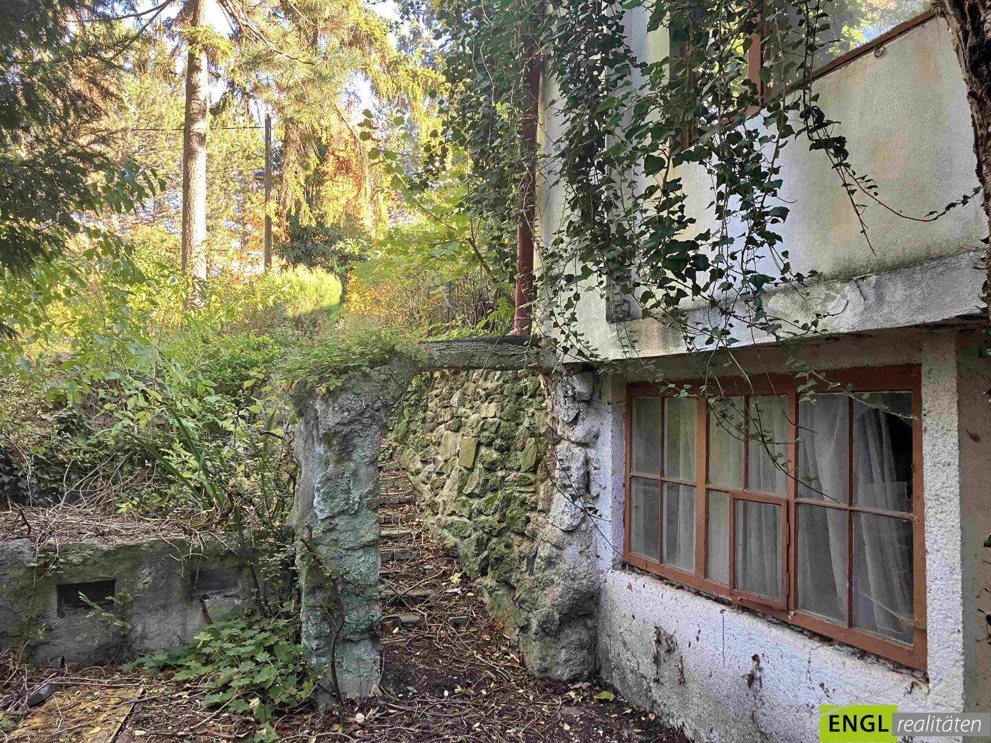 Teilansicht eines Gebäudes mit Steinfundament und Fenstern, umgeben von wilder Vegetation.