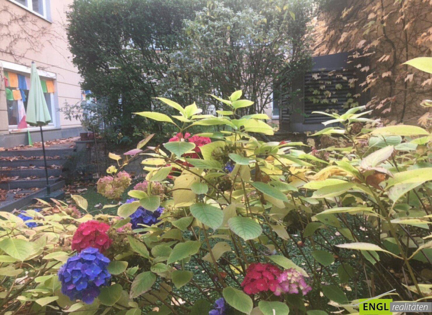 Bunter Garten mit blühenden Hortensien und üppigem Grün, bietet eine ruhige Außenanlage.