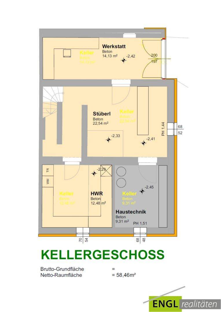 Grundriss des Kellergeschosses mit Werkstatt, Stüberl und Technikraum.