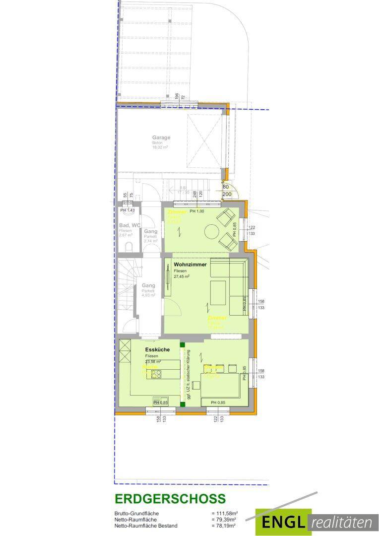 Grundriss des Erdgeschosses mit Wohnzimmer, Essküche und Garage.