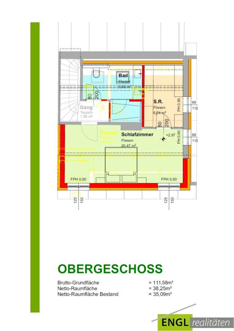 Grundriss des Obergeschosses mit Schlafzimmer und Badezimmer.