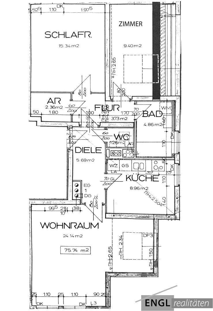 Detaillierter Grundrissplan der Wohnung mit Raumaufteilung, Balkonzugang und Flächenangaben.