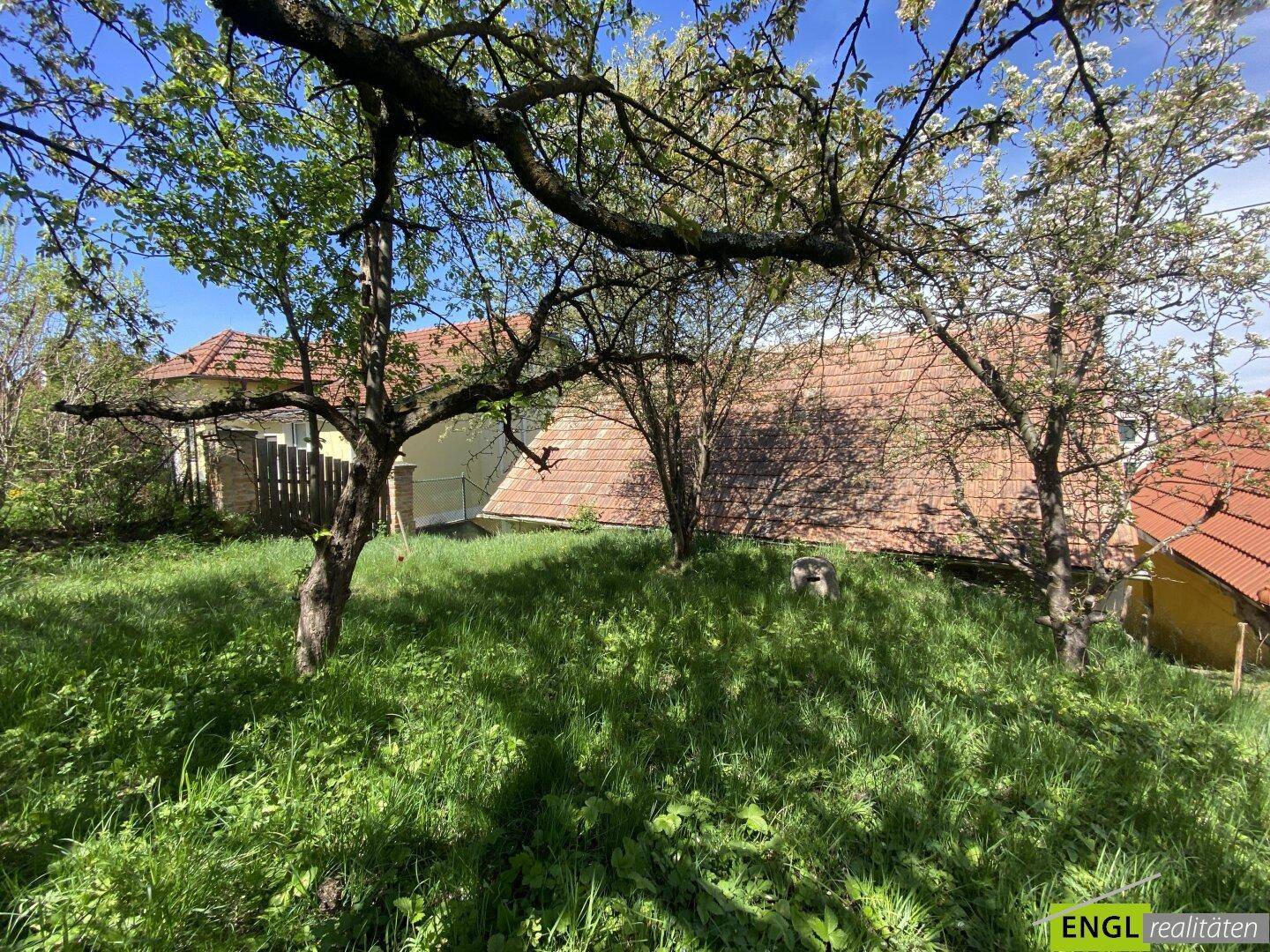 Naturbelassener Gartenbereich mit Bäumen und Blick auf benachbarte Häuser mit Ziegeldächern.