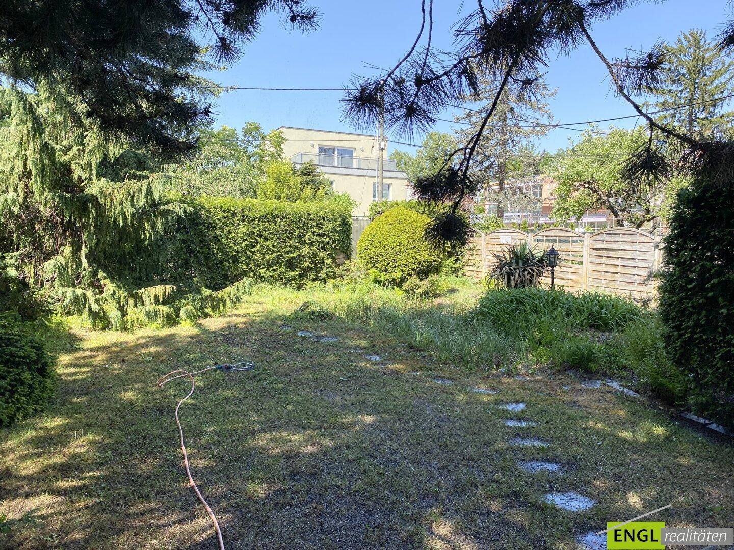 Sonniger Garten mit Rasen, dichten Hecken und Bäumen, im Hintergrund ein weiteres Gebäude.