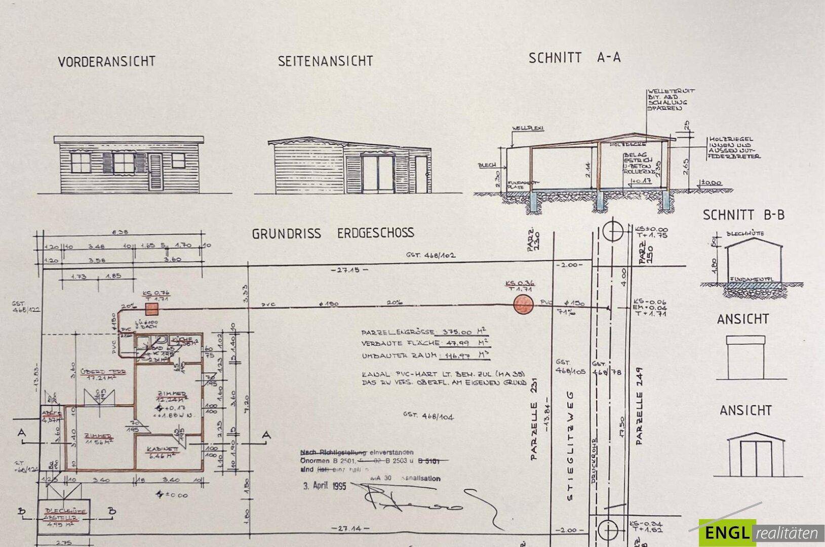 Architektonische Zeichnungen mit Vorderansicht, Seitenansicht, Schnitt und Grundriss eines Gebäudes.