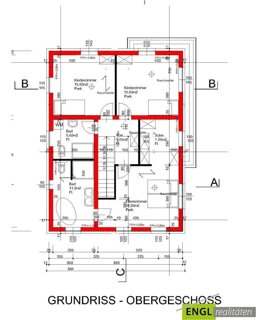 Grundriss des Obergeschosses mit drei Kinderzimmern, Schlafzimmer und zwei Bädern, übersichtlich dargestellt.