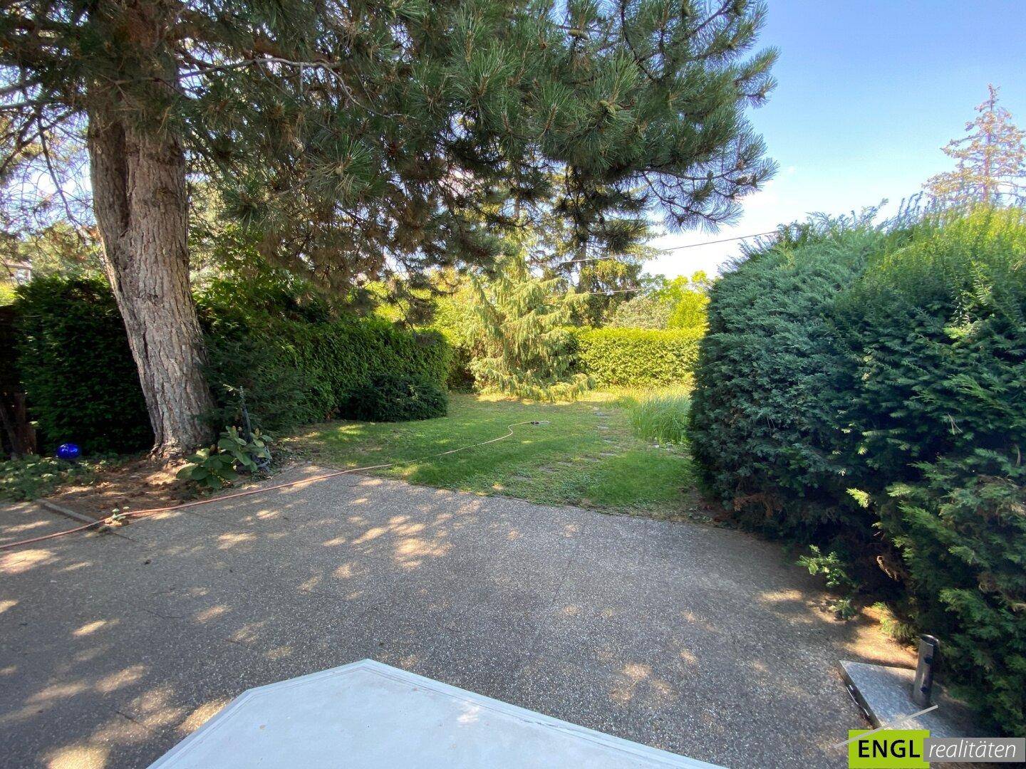 Blick von einer gepflasterten Fläche in den weitläufigen Garten mit hohen Hecken und altem Baumbestand.