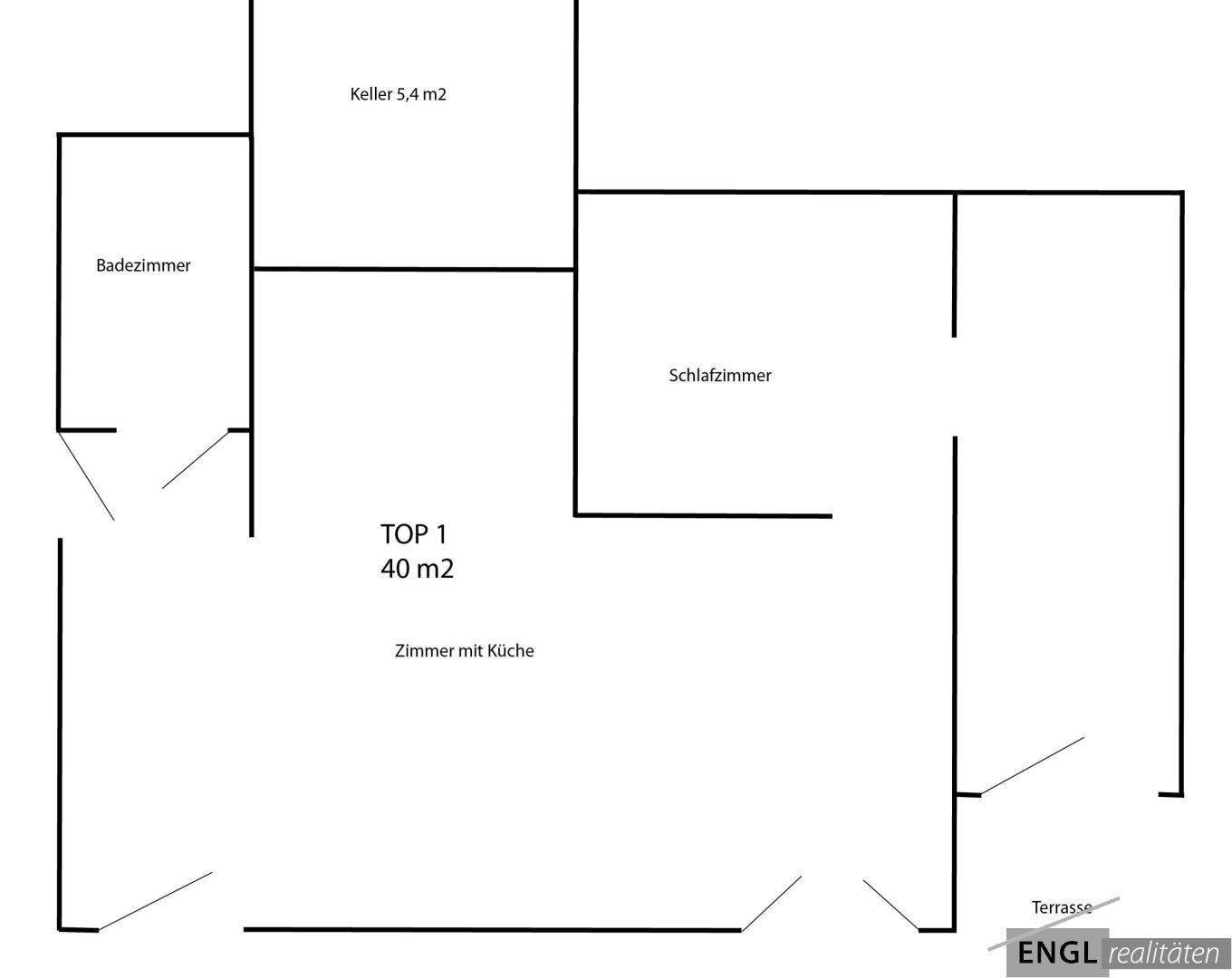 Grundriss der Wohnung TOP 1 mit Schlafzimmer, Badezimmer, Keller und Zugang zur Terrasse.