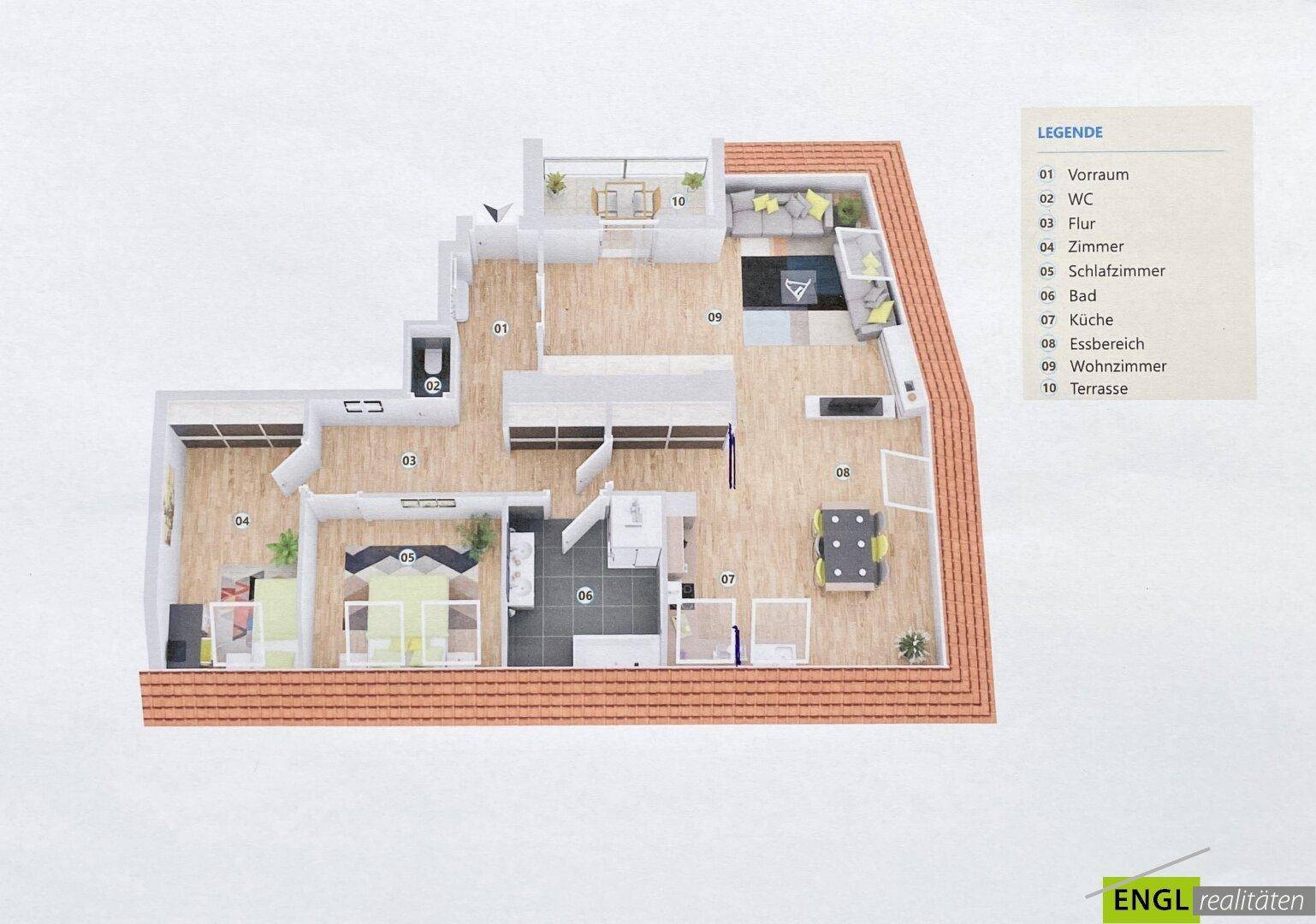 Dreidimensionaler Grundriss einer Wohnung mit Terrasse und klar gekennzeichneten Räumen.