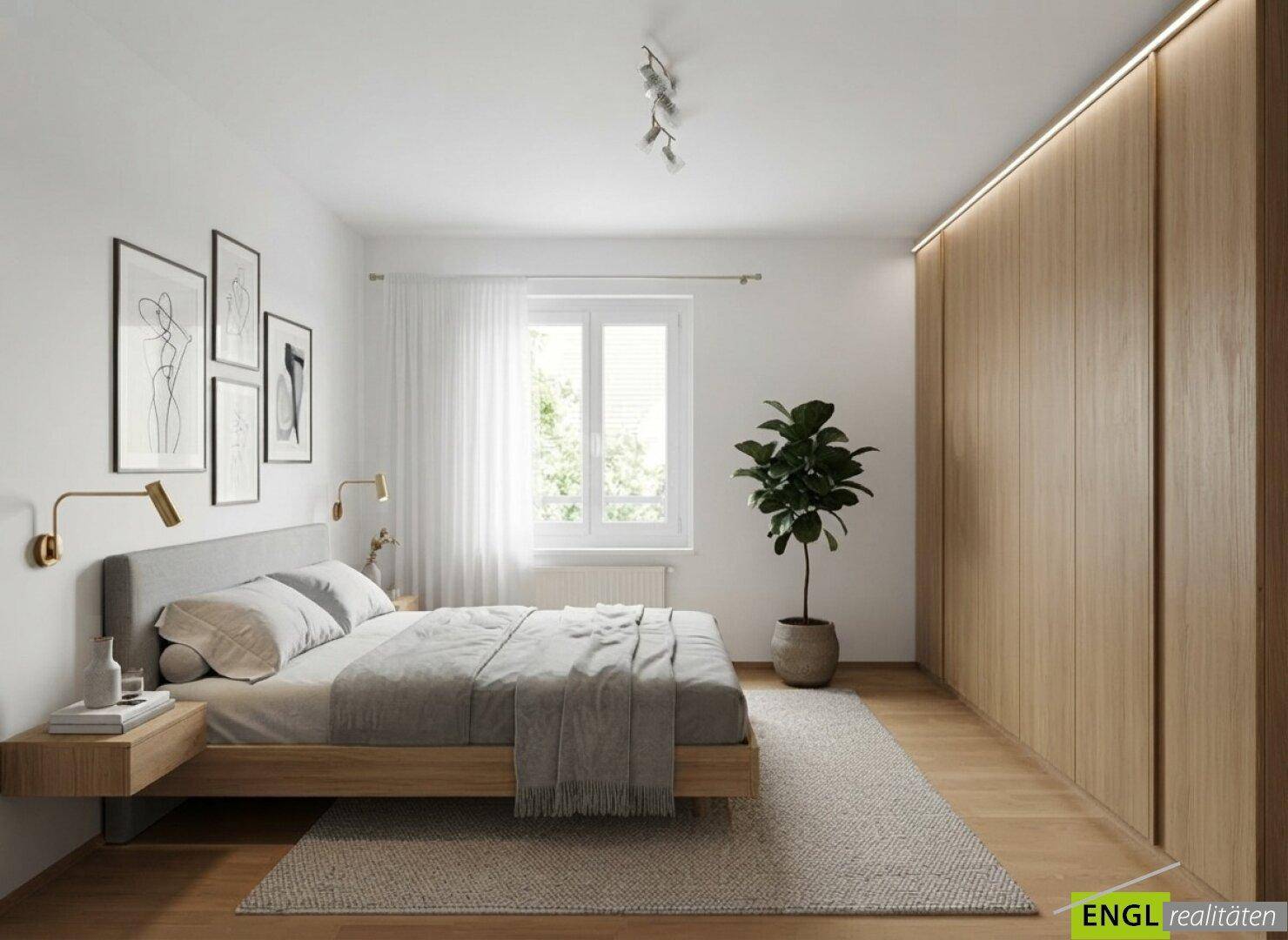 Helles Schlafzimmer mit Holzboden, integriertem Kleiderschrank und modernem Design.