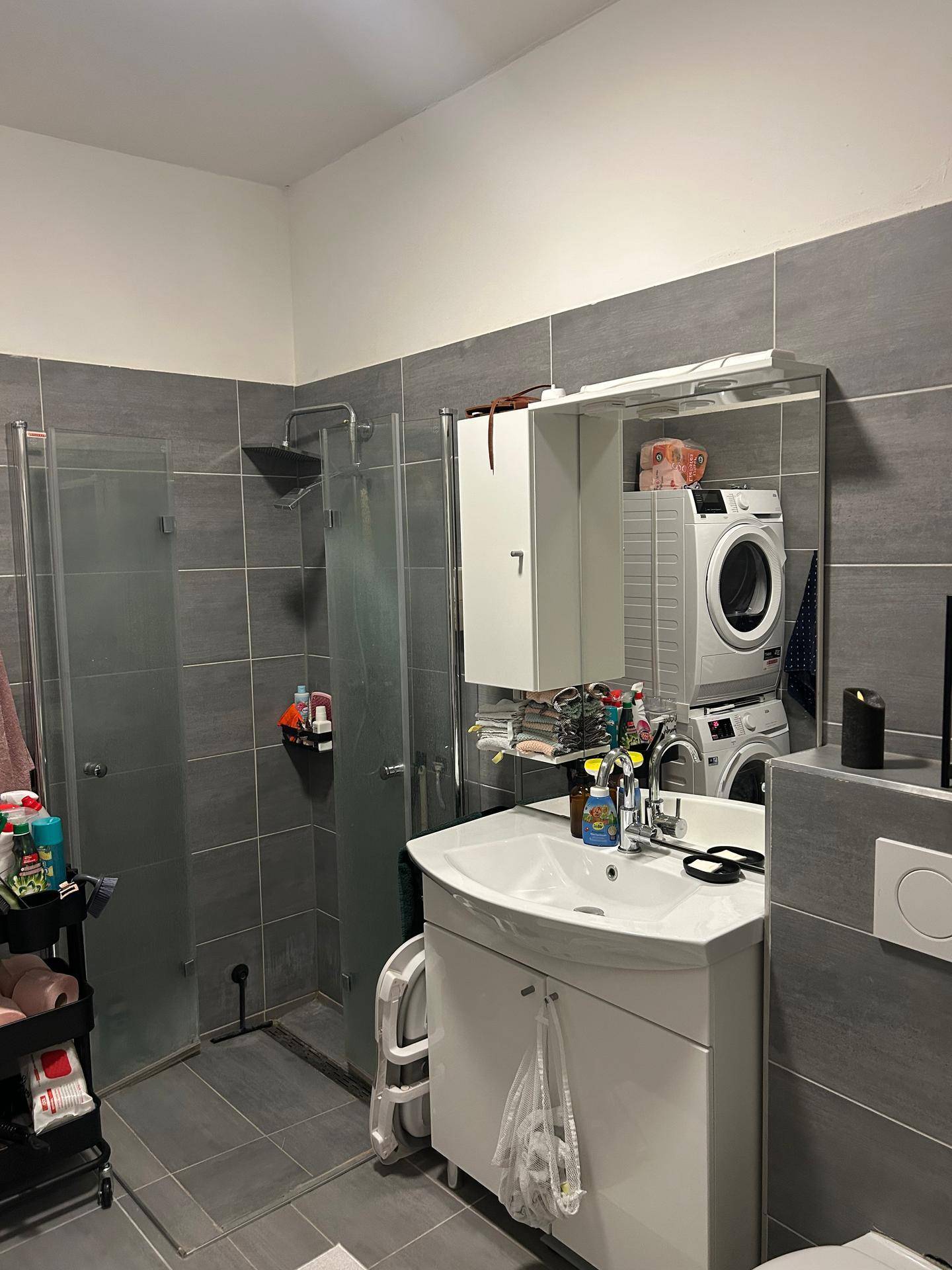 Detailansicht des Badezimmers mit Waschbecken, Spiegelschrank und Duschbereich.