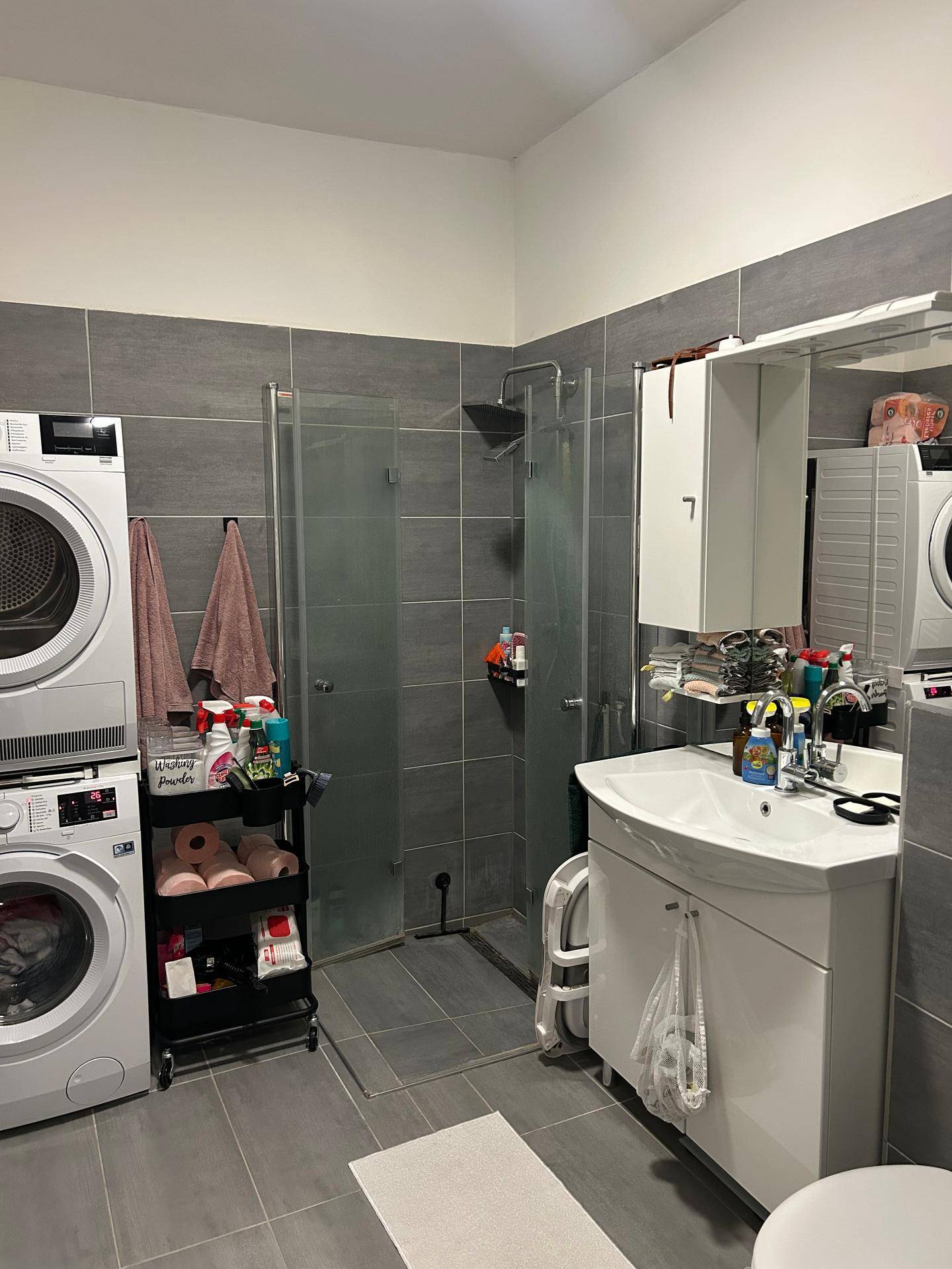 Funktionales Badezimmer mit grauen Fliesen, Duschkabine und praktischer Waschmaschinen-Trockner-Kombination.