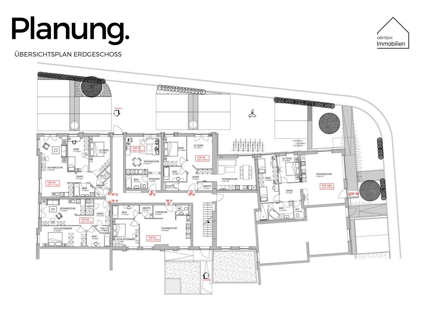 Übersichtsplan des Erdgeschosses mit mehreren Wohneinheiten, Terrassen und Gartenbereichen.