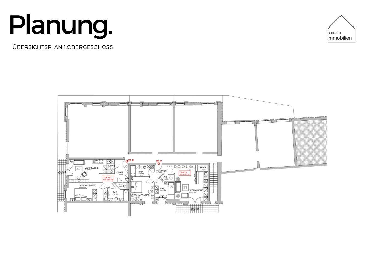 Übersichtsplan des ersten Obergeschosses mit mehreren Wohneinheiten und Balkonen.