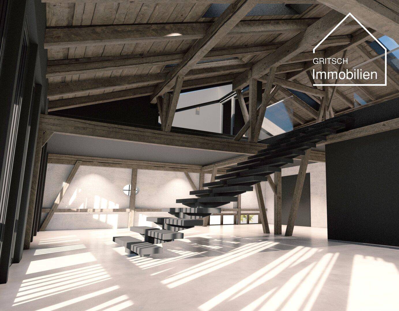 Geräumiger Loftbereich mit freiliegenden Holzbalken, moderner Treppe und viel natürlichem Licht durch Dachfenster.