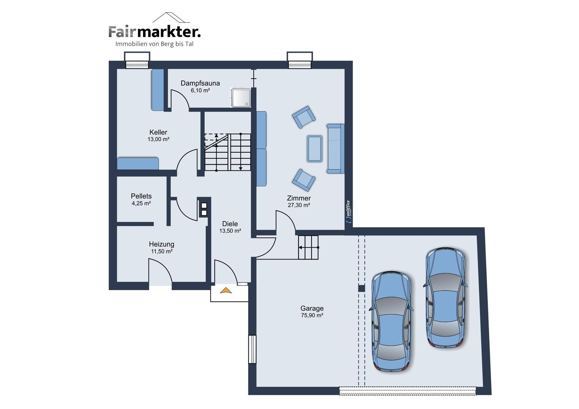 Grundriss des Untergeschosses mit großer Garage, Keller, Heizungsraum und einer Dampfsauna.