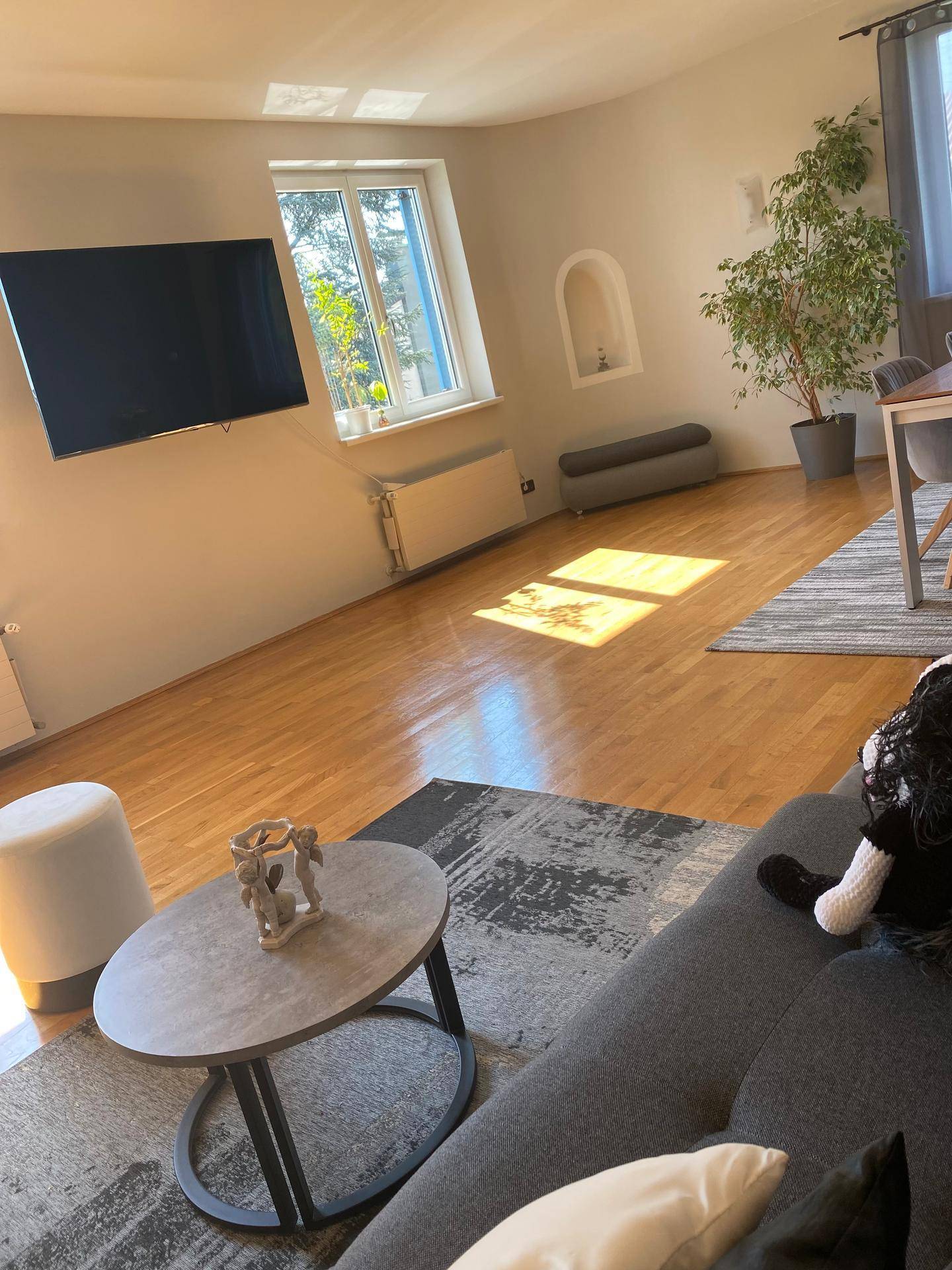 Lichtdurchfluteter Wohn- und Essbereich mit Holzboden und modernem Sofa.