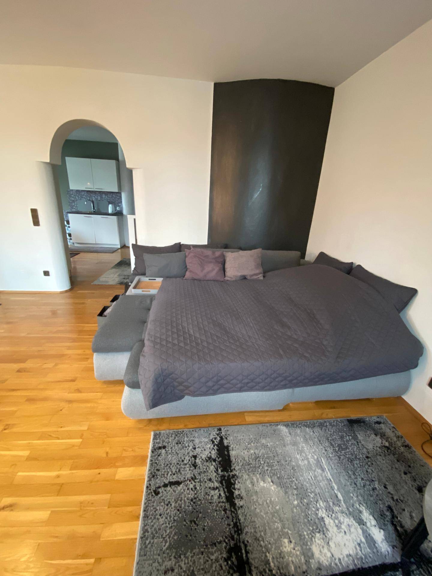 Wohnzimmer mit Schlafsofa und Blick auf den Bogen, der zur angrenzenden Küche führt.