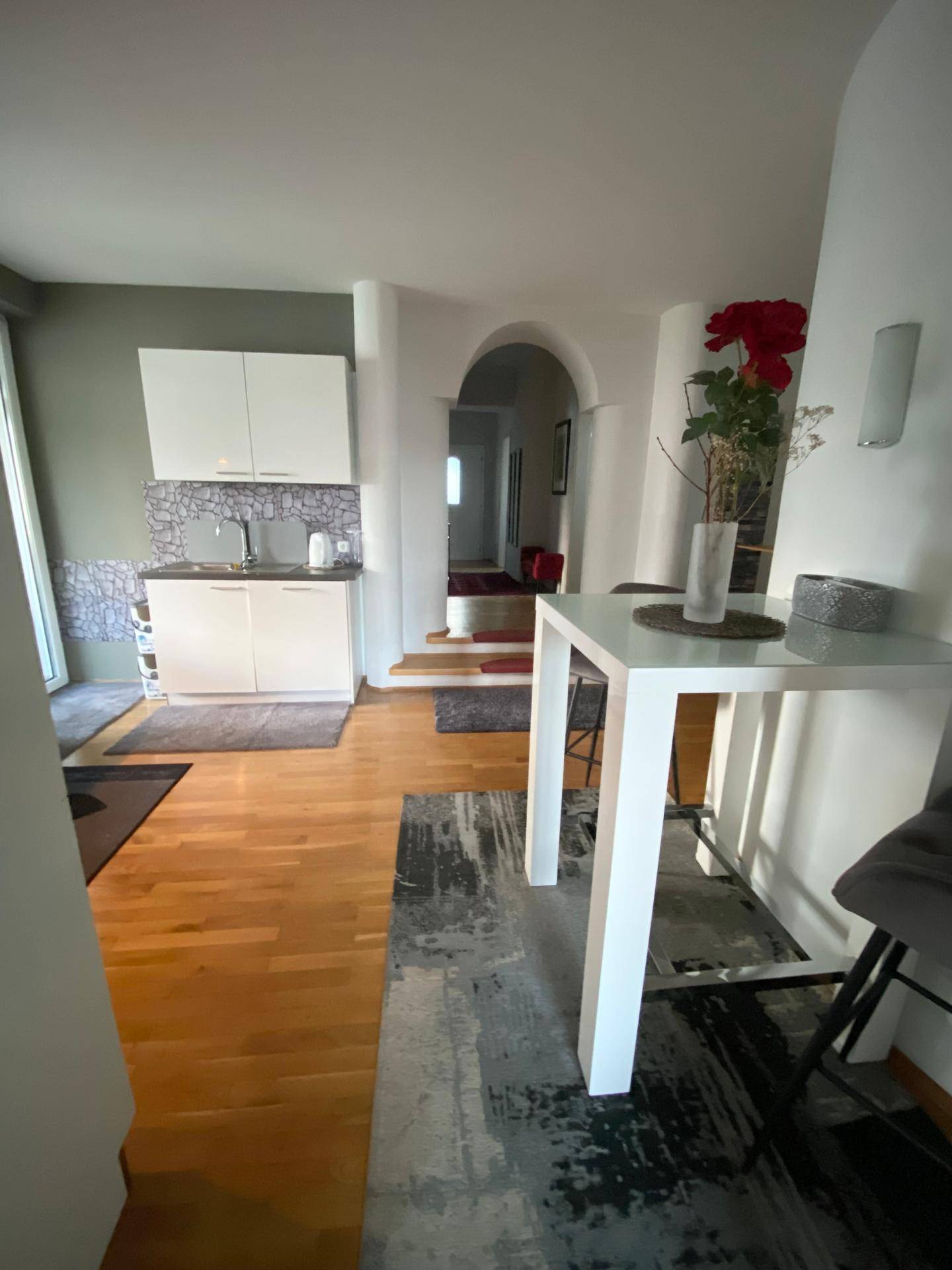 Blick vom Essbereich in die Küche mit Spüle und dekorativer Wandverkleidung, verbunden durch einen Bogen.