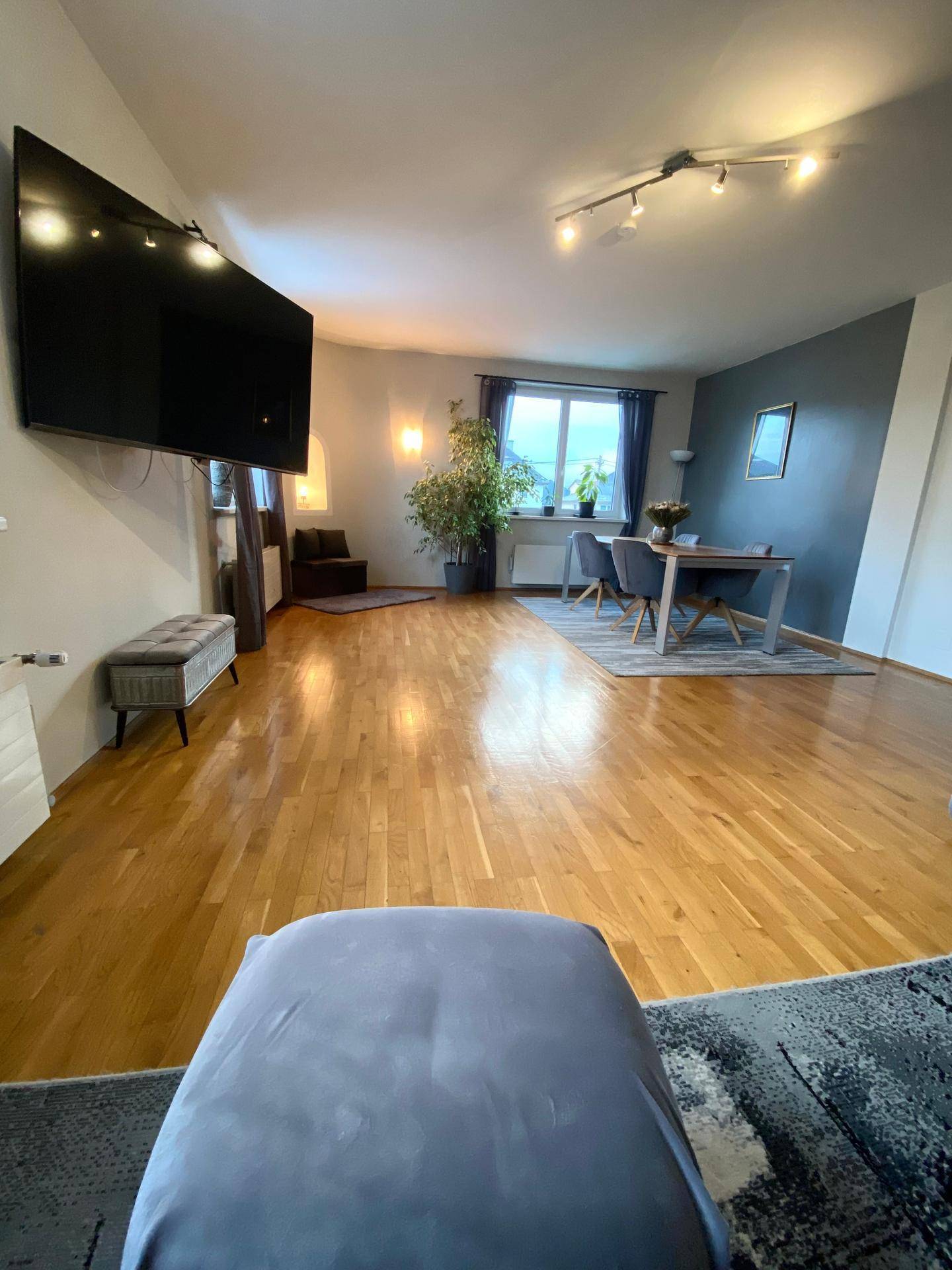 Weitläufiger Wohn-Essbereich mit Holzboden, Esstisch, Sofa und einem großen Wandfernseher.