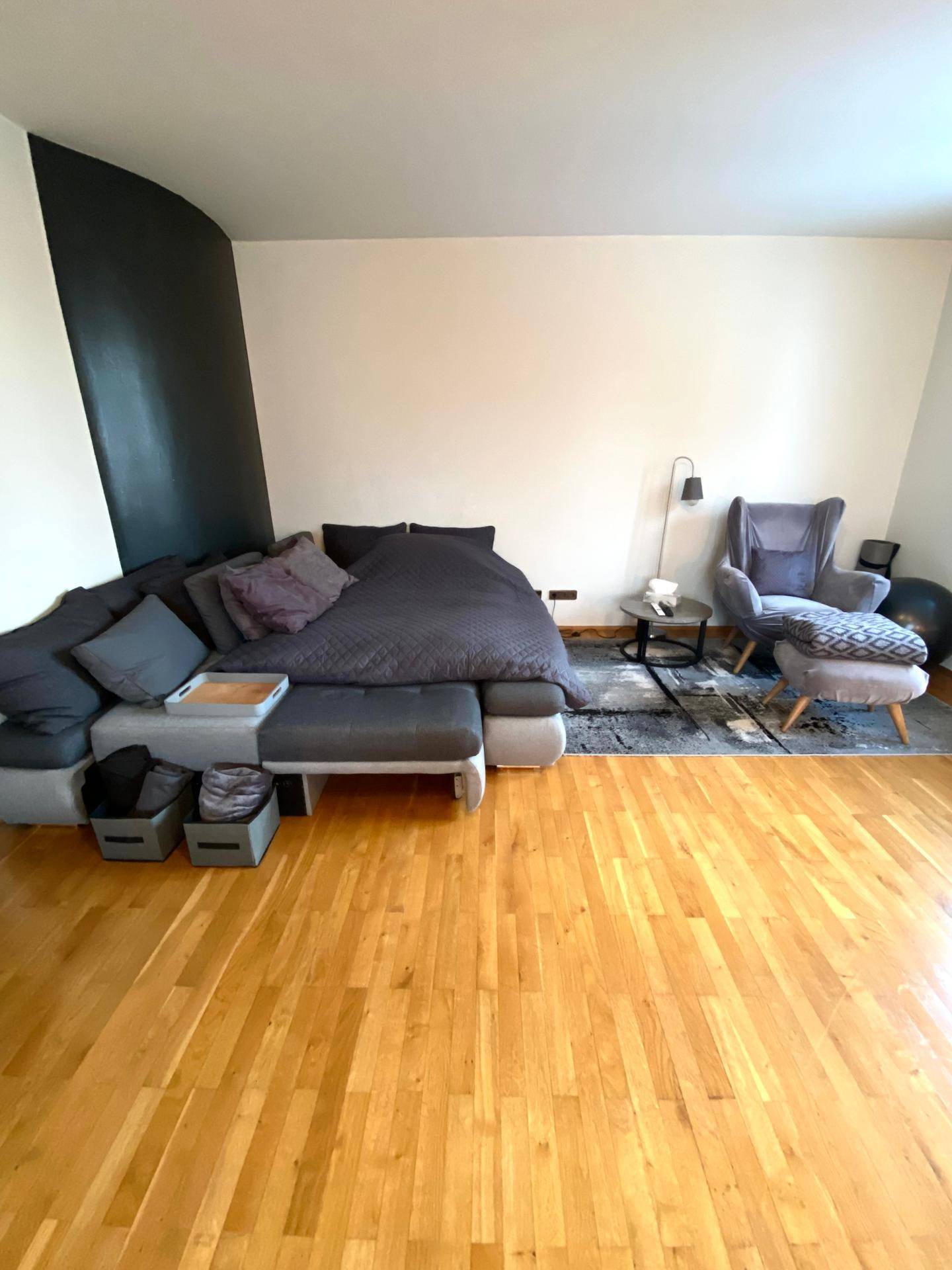 Geräumiges Wohnzimmer mit Schlafsofa, Sessel und einer dunklen Akzentwand, die einen modernen Kontrast bildet.