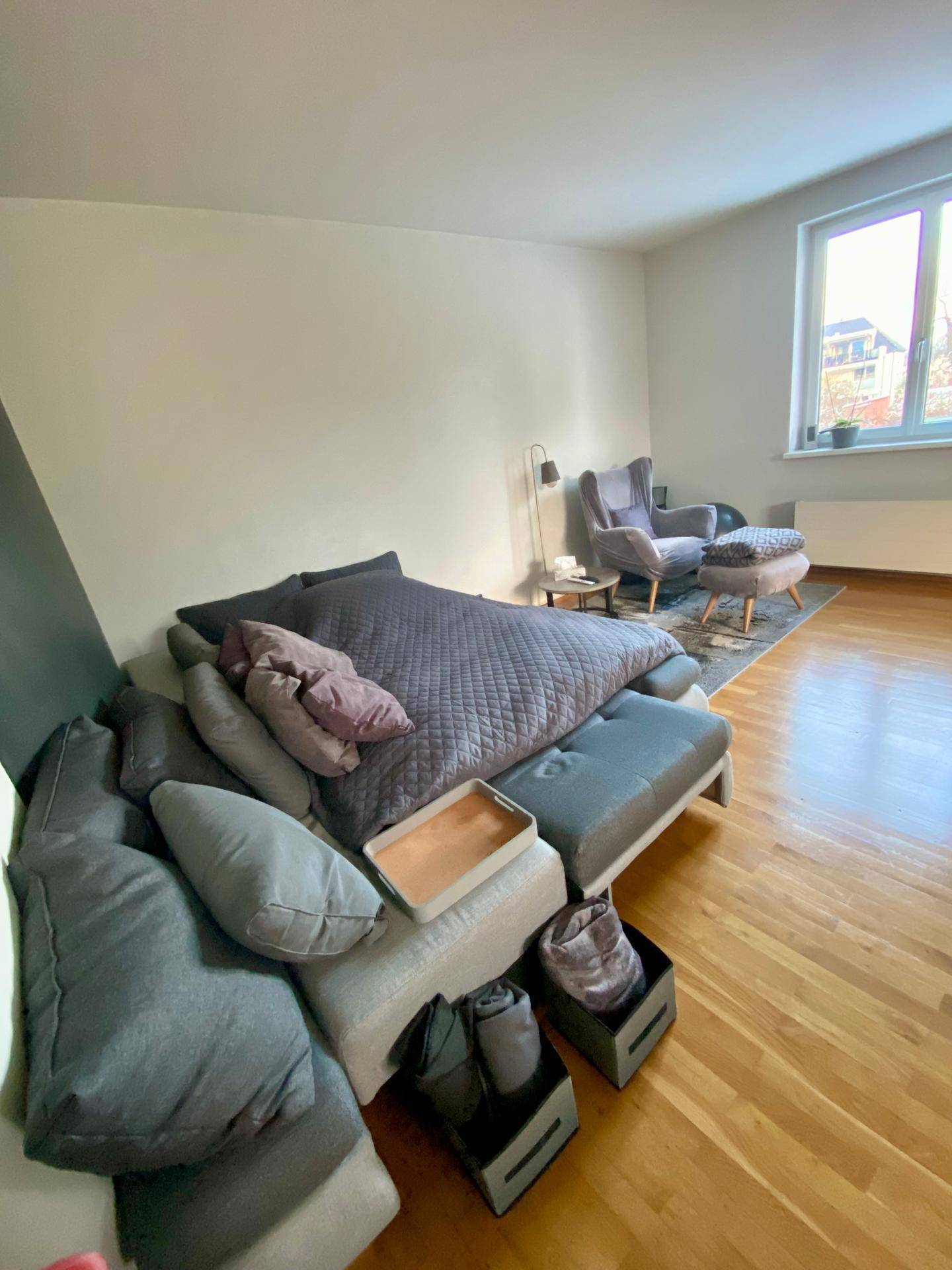 Helles Wohnzimmer mit Schlafsofa, bequemem Sessel und einem Fenster, das den Raum erhellt.