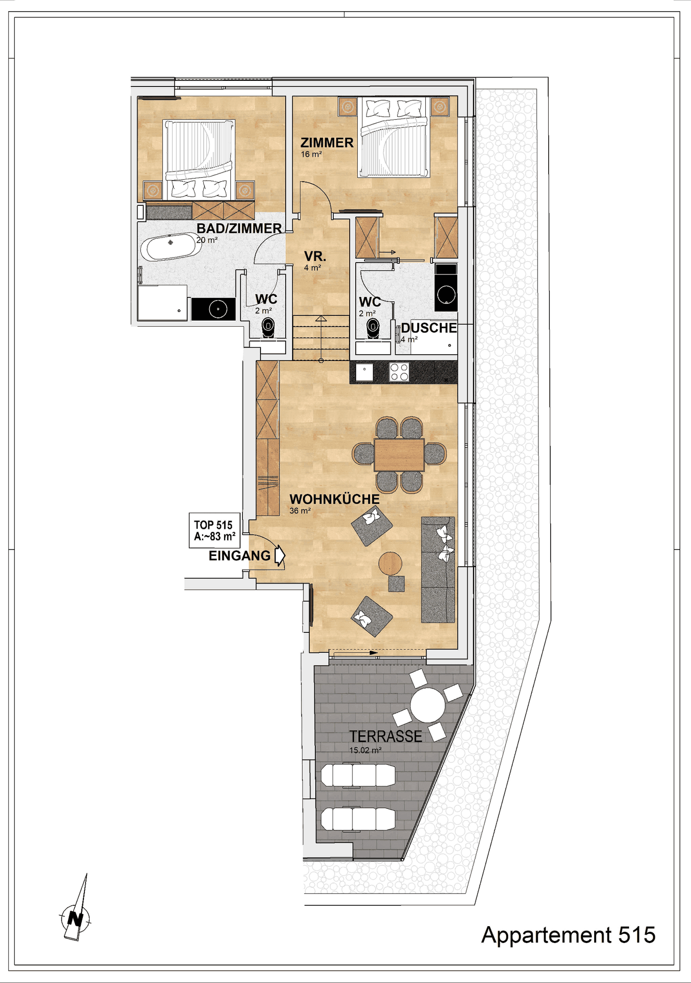 Grundriss des Appartements 515 mit zwei Schlafzimmern, offener Wohnküche und einer großzügigen Terrasse.