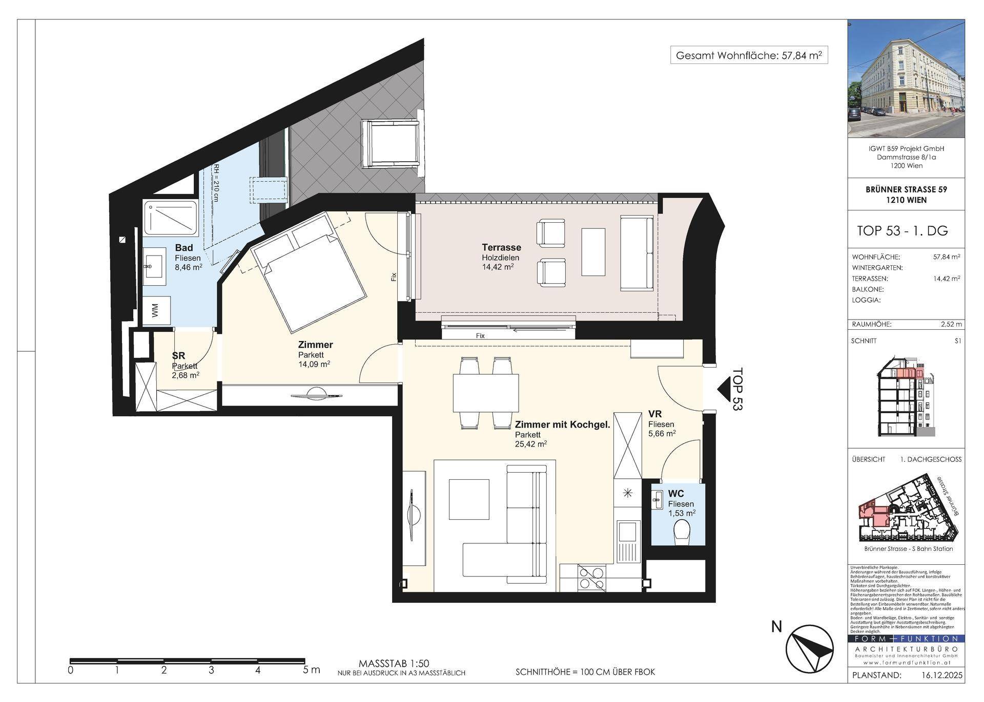 Grundriss einer Wohnung mit offenem Wohnbereich, Schlafzimmer, Bad, separatem WC und einer großzügigen Terrasse.