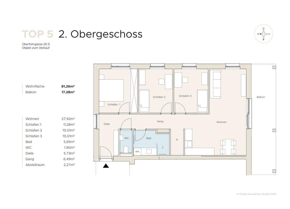Grundriss der Wohnung im 2. Obergeschoss mit drei Schlafzimmern, offenem Wohnbereich und Balkon.