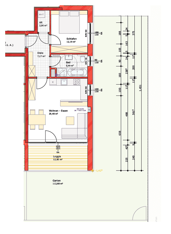 Detaillierter Grundriss einer Wohnung mit Wohn-Essbereich, Schlafzimmer, Loggia und Garten.