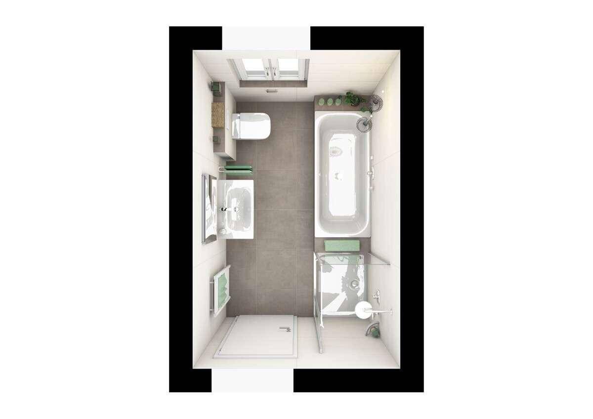 Grundriss-Visualisierung eines modernen Badezimmers mit Badewanne, Dusche und Fenster.
