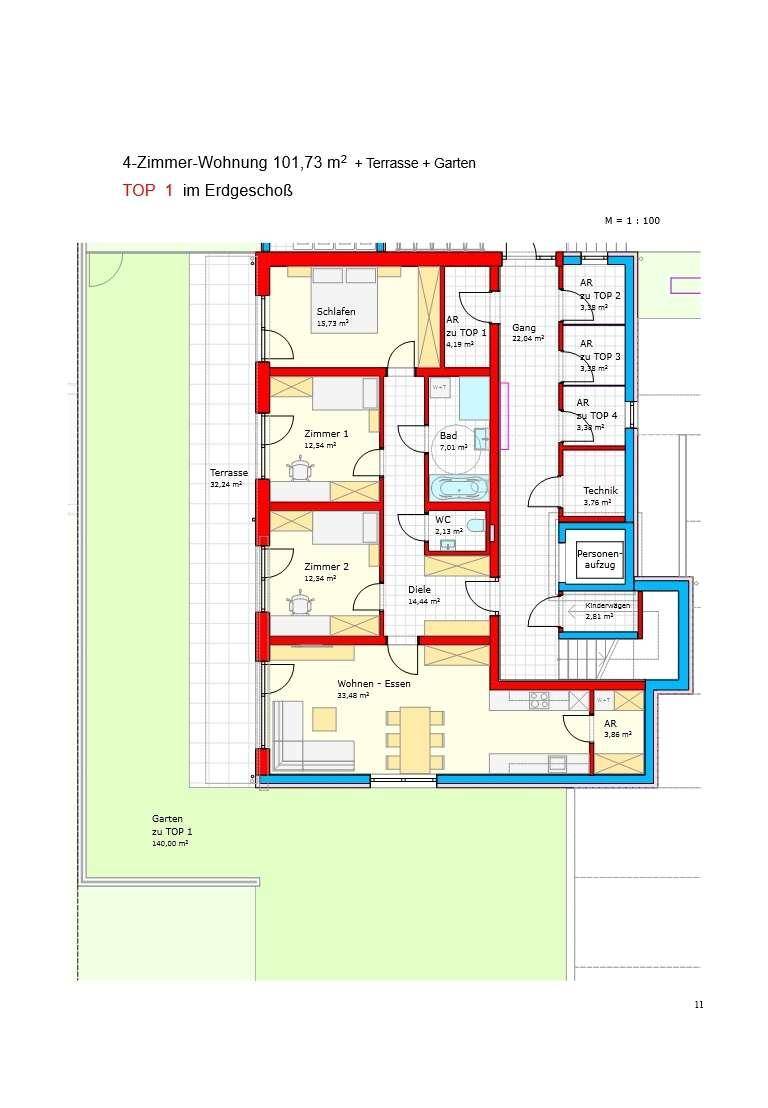 Grundriss einer 4-Zimmer-Wohnung im Erdgeschoss mit Terrasse und Garten.