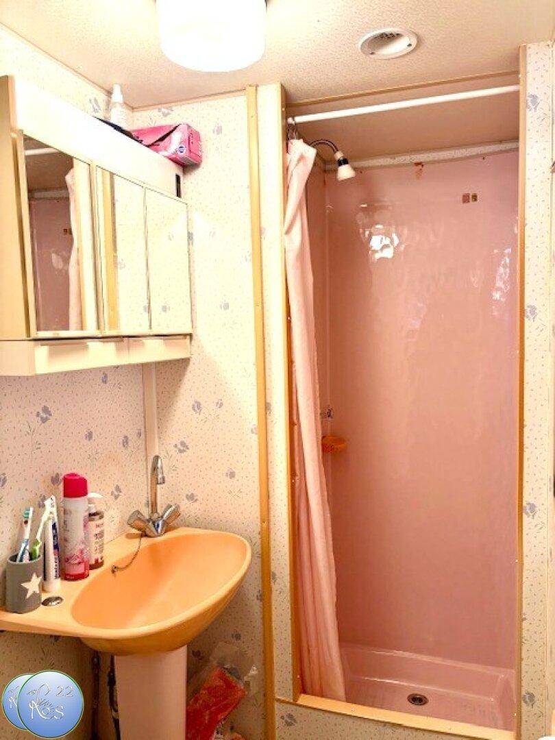 Kleines Badezimmer mit rosafarbenem Waschbecken, Spiegelschrank und Duschkabine.